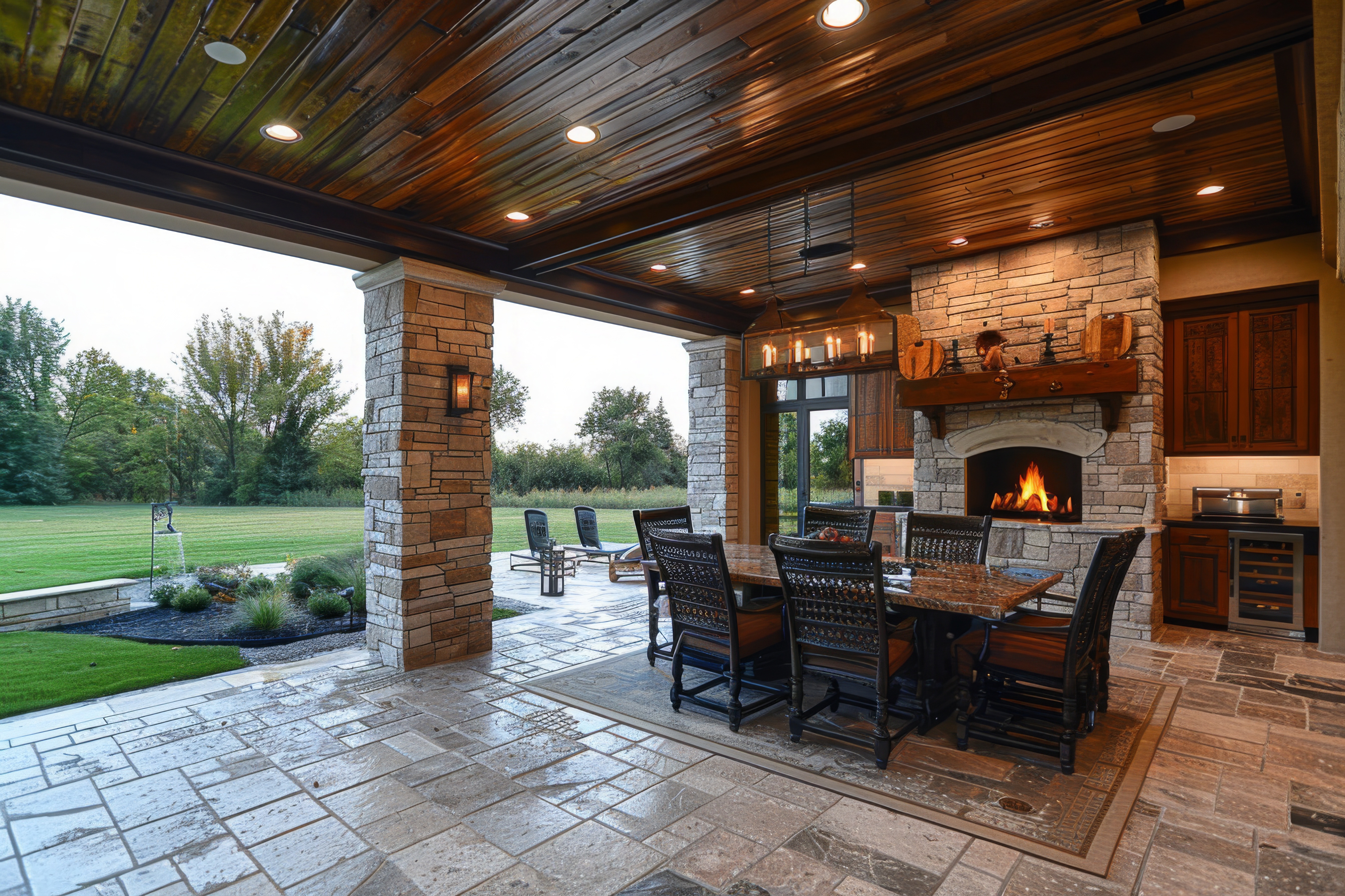 Luxury covered outdoor patio with fireplace, dining table, and stone columns overlooking lawn